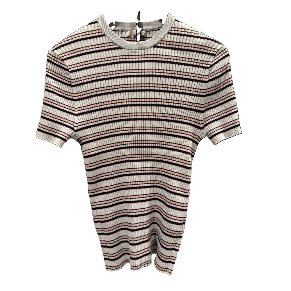Zara Womens Gray Pink Black Striped Ribbed Knit Crew Neck Tee Top Stretch M